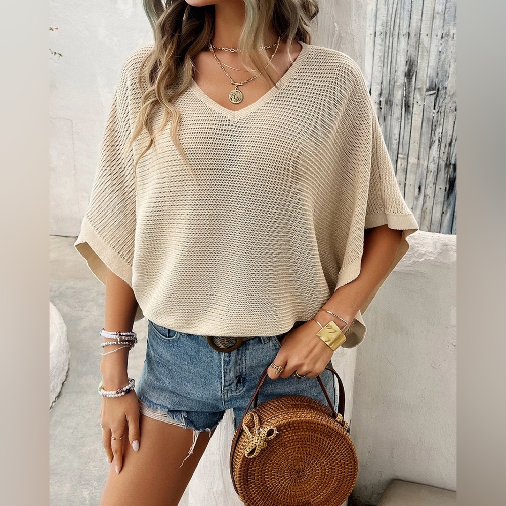 Beige Knit V-Neck Top; Size L
